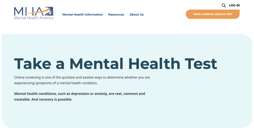 take a mental health test website screenshot