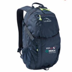 Marineblauer Rucksack mit grünen Reißverschlüssen und VETgirl U-Logo